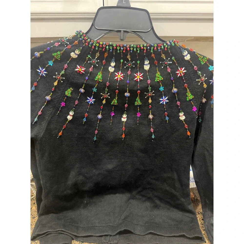 vtg marisa christina black embellished beaded‎ sweater zip front small